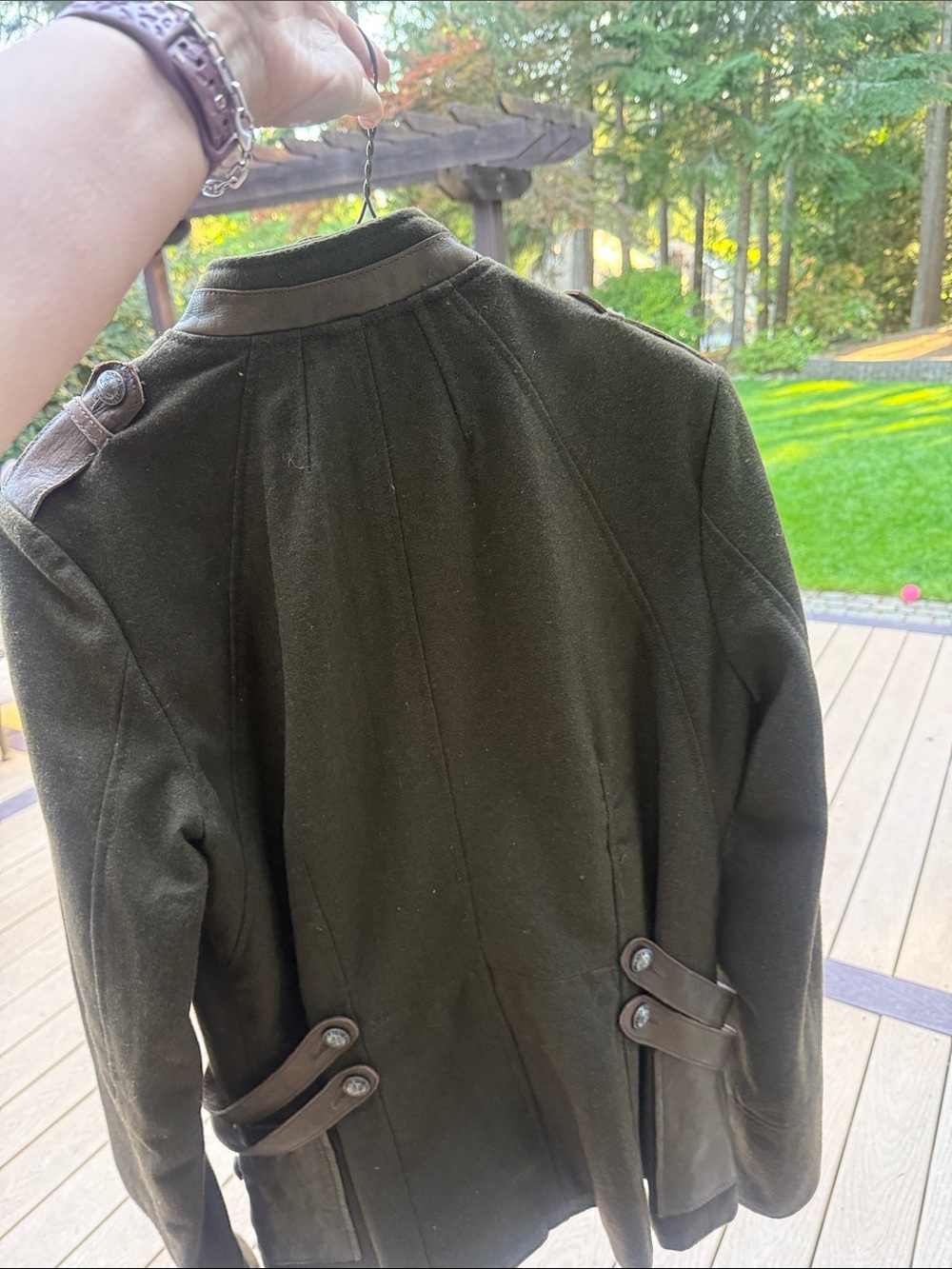 Military-Style Olive Green Button wool and leather Jacket by My Tribe size Large - Picture 6 of 15